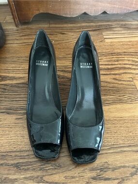 Stuart Weitzman Black Patent Peep-Toe Heels